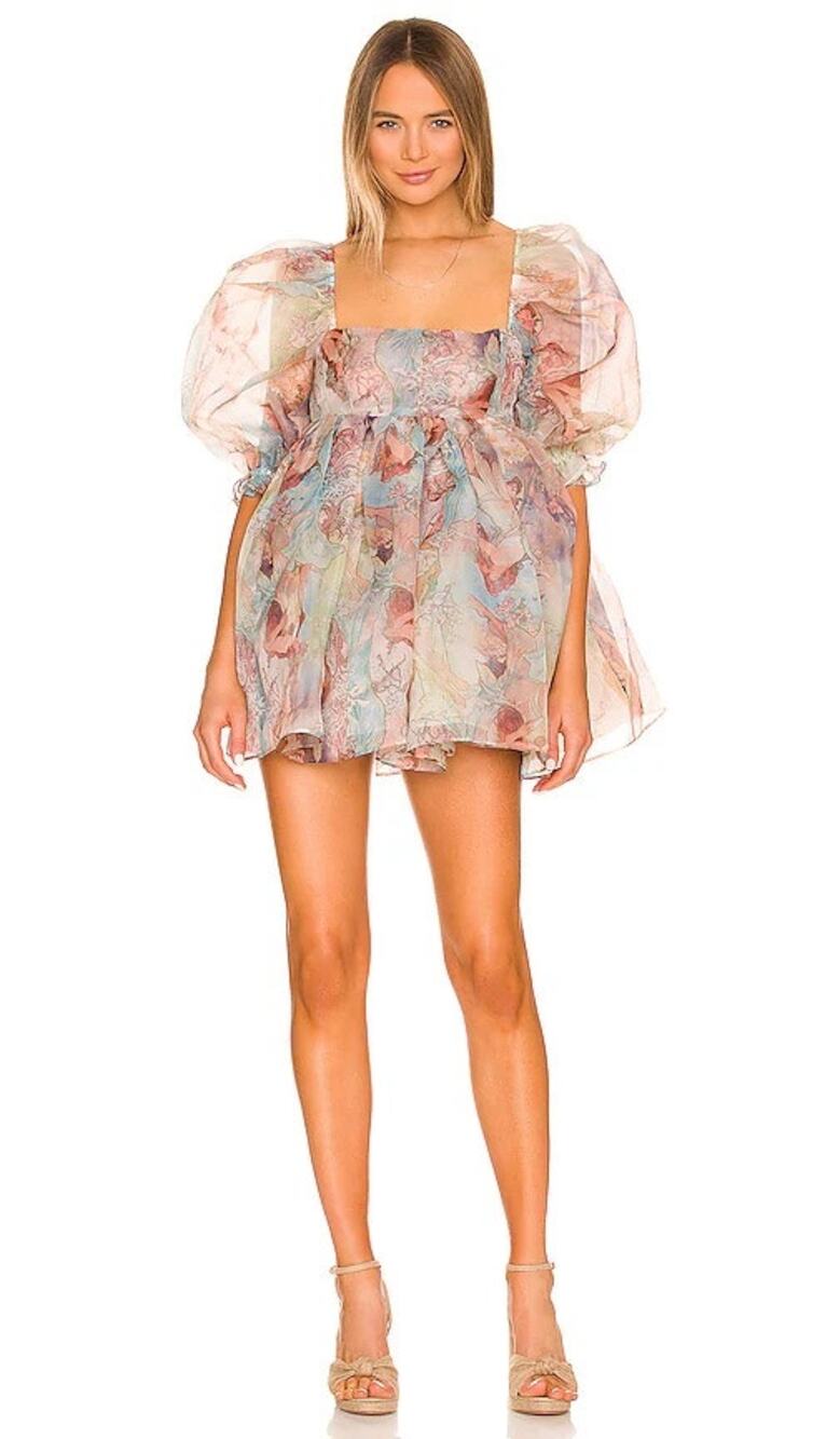 Selkie (XS) The Puff Dress Mucha Art Nouveau Organza Puff Sleeve Mini Dress